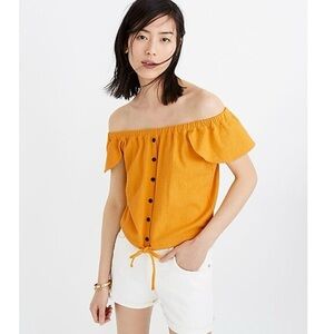 MADEWELL Yellow Off The Shoulder Flutter Sleeve Button Front Tie Waist Top M